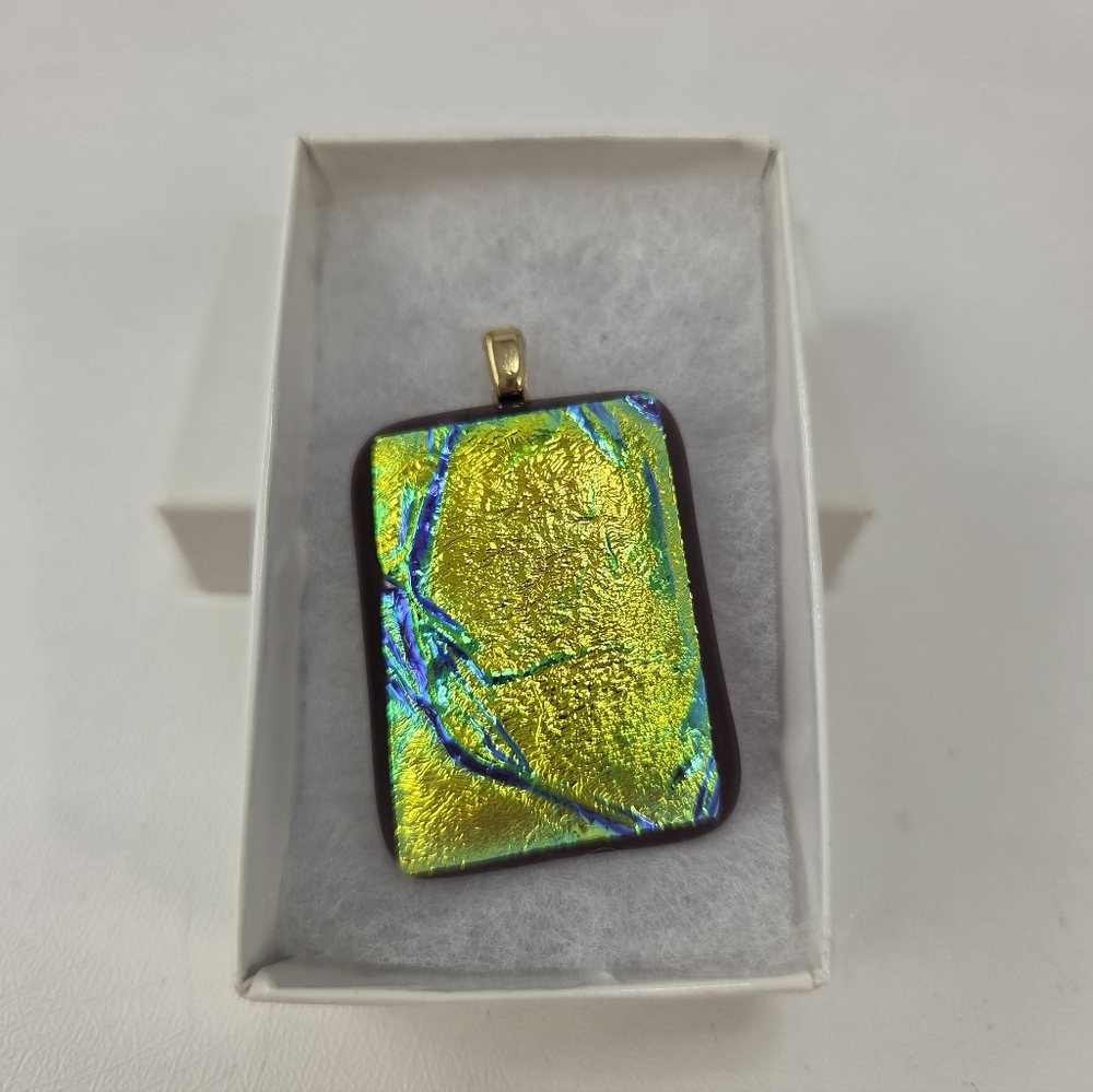 NIB Artisan Dichroic Fused Glass Pendant, Iridescent Gold & Purple